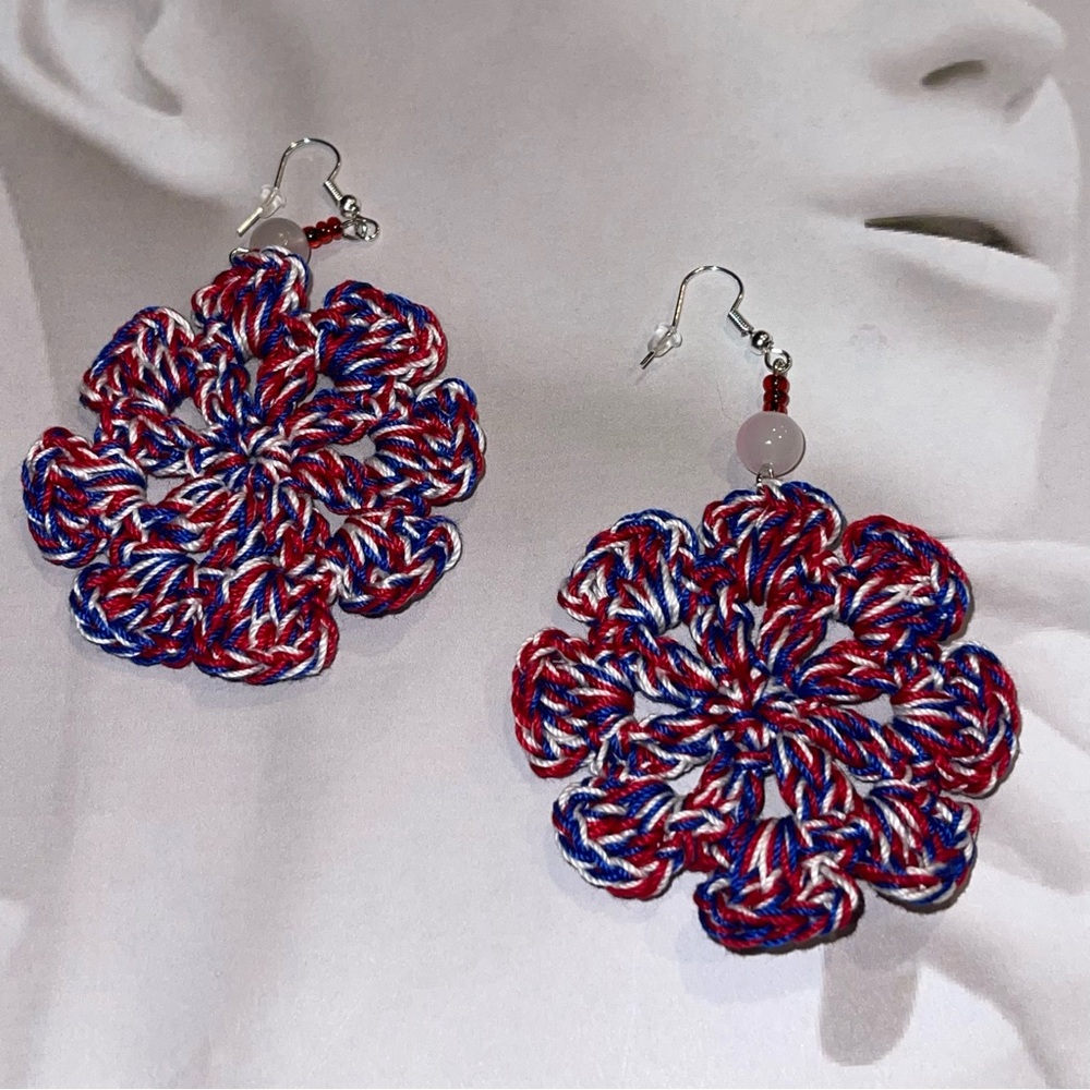 🌟 Handcrafted Red, white and Blue Crochet Earrings/ 4th of July